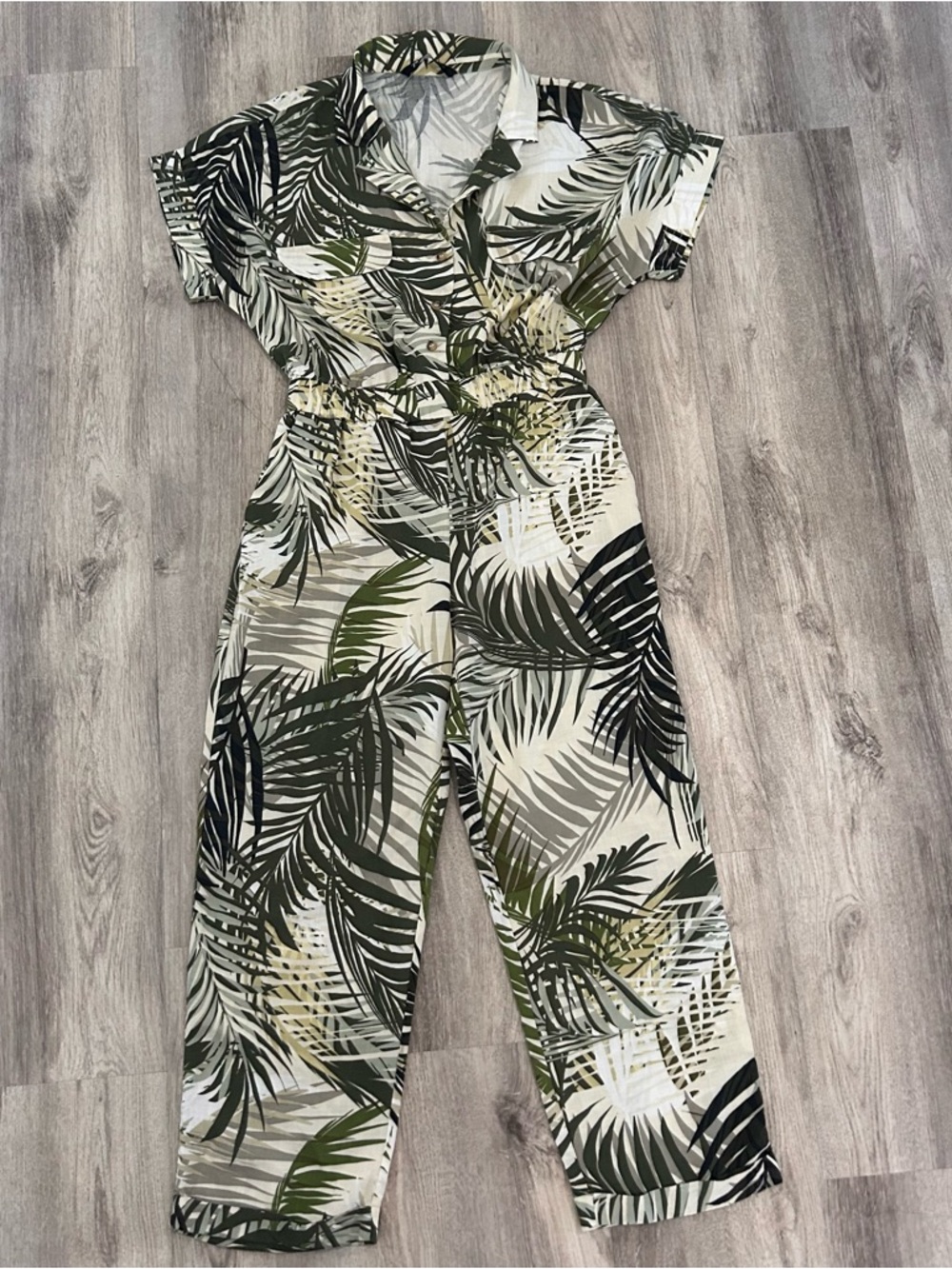 Zara Tropical Safari Print Jumpsuit Wide Leg Womens Medium Green Spring Boho